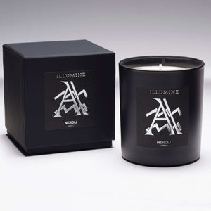 Illumine Aquarius Neroli Candle and box with a Grey background