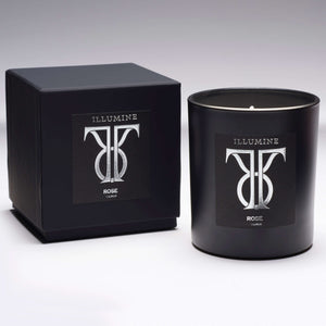 Illumine Taurus Rose Candle and box with a Grey background