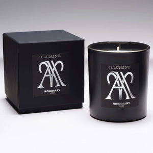 Illumine Aries Rosemary Candle and box with a Grey background