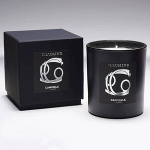 Illumine Cancer Camomile Candle and box with a Grey background