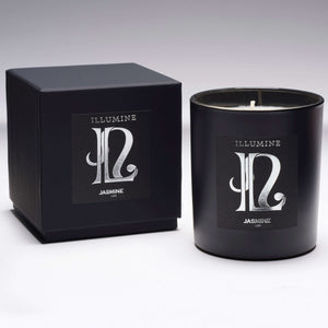 Illumine Leo Jasmine Candle and box with a Grey background