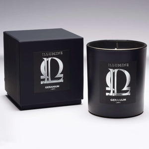Illumine Libra Geranium Candle and box with a Grey background