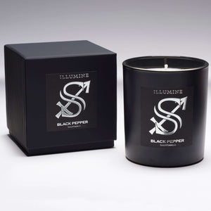 Illumine Sagittarius Black Pepper Candle and box with a Grey background