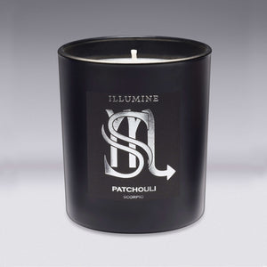 Illumine Scorpio Patchouli Candle with a Grey background