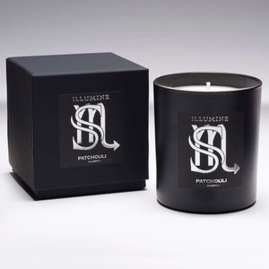 Illumine Scorpio Patchouli Candle and box with a Grey background