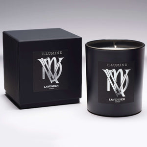 Illumine Virgo Lavender Candle and box with a Grey background